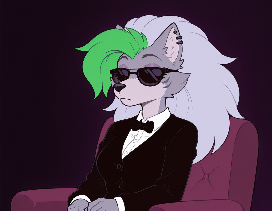 anthro black_tie_(suit) chair clothing ear_piercing eyes_closed eyewear female furniture on_chair piercing sitting sitting_on_chair solo suit sunglasses lavroviy_list five_nights_at_freddy's five_nights_at_freddy's:_security_breach steel_wool_studios roxanne_wolf_(fnaf) flat_colors hi_res
