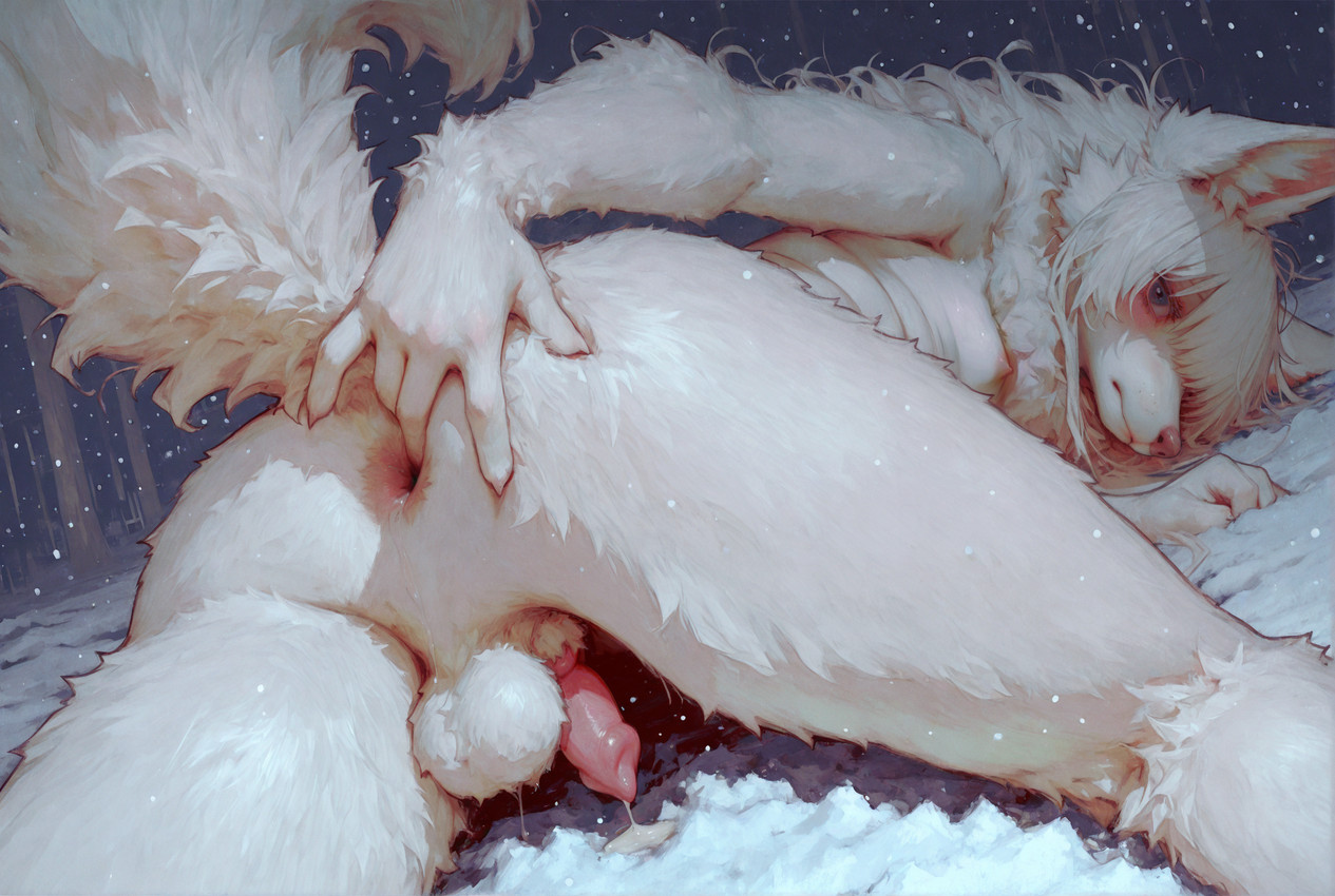 anal anal_fingering animal_genitalia anthro anus balls bodily_fluids breasts butt cum fingering fluffy fur genital_fluids genitals gynomorph intersex looking_at_viewer outside penis pink_nose presenting presenting_hindquarters raised_tail sheath small_breasts small_penis snow snowing solo spreading white_body white_fur anonymous_director arctic_fox canid canine fox mammal hi_res