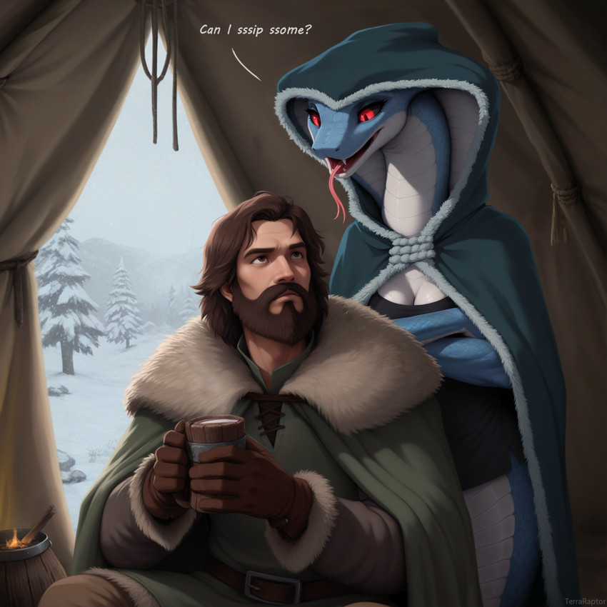 anthro apode beard belly_scales beverage black_sclera blue_body blue_scales breasts brown_hair camping cleavage cloak clothed clothing coffee cold countershading dialogue duo facial_hair female female_anthro forked_tongue hair hood_up interspecies legless male male/female male_human medieval red_eyes scales serpentine tent text tongue tunic white_body white_countershading winter terraraptor world_of_midria cobra draconcopode human mammal naga reptile scalie snake director_name english_text hi_res