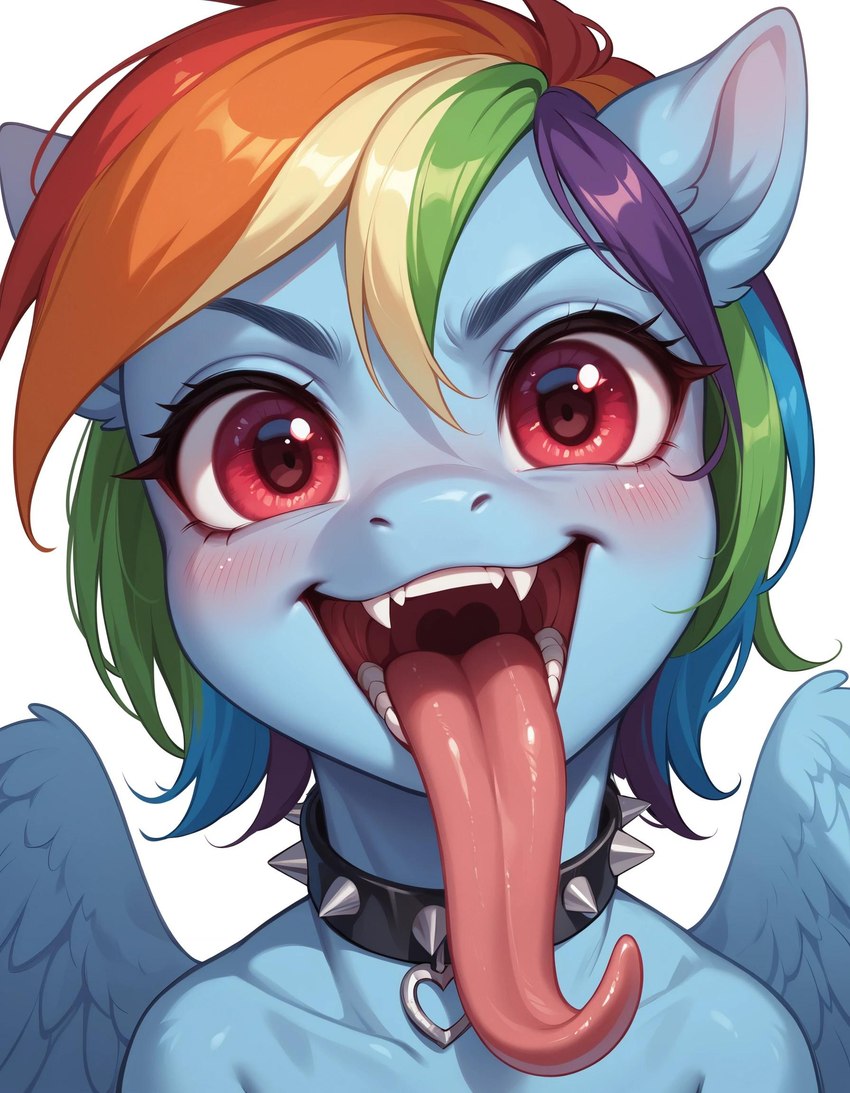 anthro blush collar fangs female fur hair long_tongue looking_at_viewer mlp multicolored_hair open_mouth rainbow_hair red_eyes solo spiked_collar spikes teeth tongue tongue_out wings tricksterfox my_little_pony rainbow_dash_(mlp) equid equine mammal pegasus hi_res