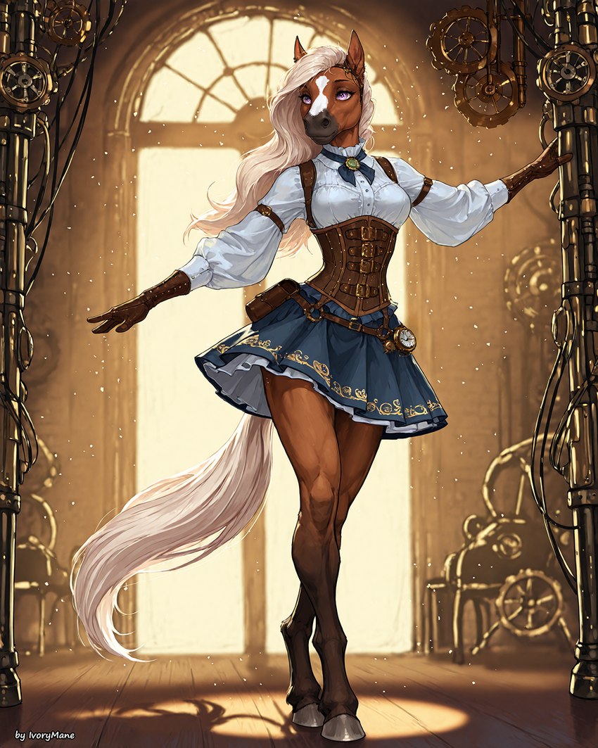 anthro bottomwear clothing corset female gloves hair handwear lingerie long_hair long_tail shirt skirt solo steampunk topwear white_hair ivorymane equid equine horse mammal hi_res watermark