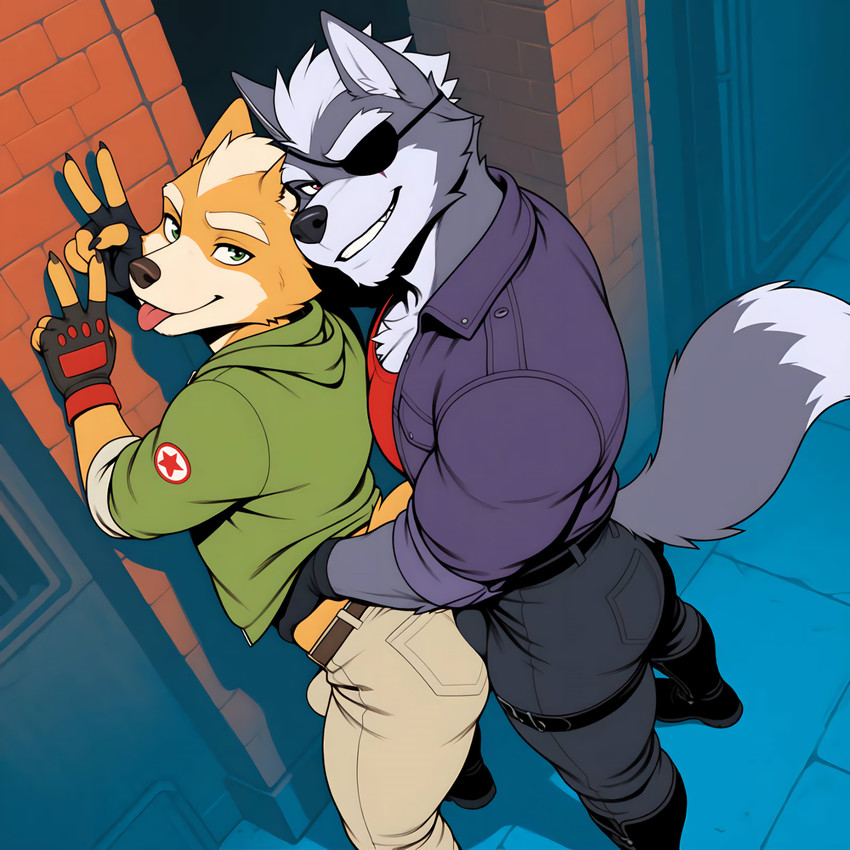 against_surface against_wall anthro boots bottomwear bulge butt chest_tuft clothed clothing dipstick_tail duo eye_patch eyewear fingerless_gloves footwear fully_clothed fur gesture gloves grey_body grey_fur grin grinding handwear high-angle_view hoodie jacket leaning leaning_forward looking_at_viewer looking_back looking_up male male/male markings multicolored_body multicolored_fur muscular muscular_male pants pecs playful rolled_up_sleeves scar smile standing street streetwear tail_markings tan_body tan_fur tongue tongue_out topwear tuft two_tone_body two_tone_fur v_sign waist_grab yellow_body yellow_fur promagentis nintendo star_fox fox_mccloud wolf_o'donnell canid canine canis fox mammal wolf hi_res