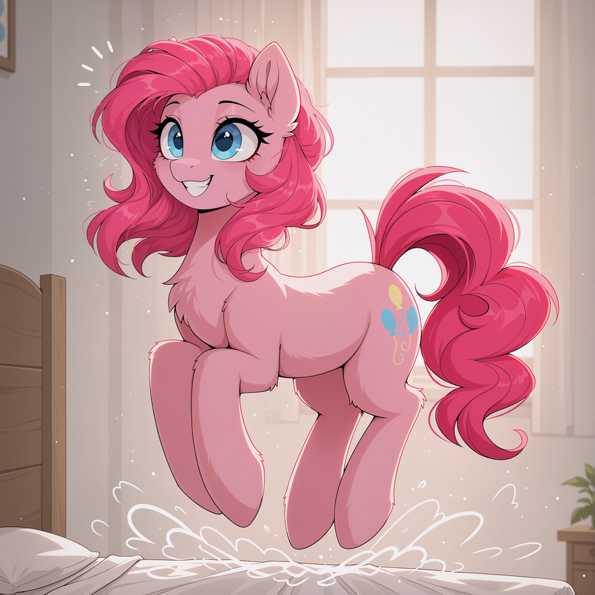 bed bedroom blue_eyes curtains cutie_mark eyelashes female feral fur furniture inside jumping mane open_mouth open_smile pillow pink_body pink_fur smile solo tail teeth window yiffmix_v61_(model) daren666 friendship_is_magic my_little_pony pinkie_pie_(mlp) earth_pony equid equine horse mammal pony absurd_res hi_res stable_diffusion