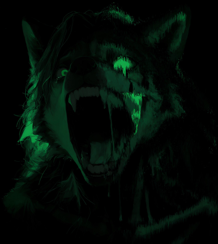 ambiguous_gender black_background black_nose bodily_fluids crying fangs fur glitch glitch_art glowing glowing_eyes green_eyes hair looking_at_viewer male nightmare_fuel open_mouth saliva simple_background solo tears teeth tongue yelling unknown_director canid canine canis mammal wolf hi_res portrait restricted_palette