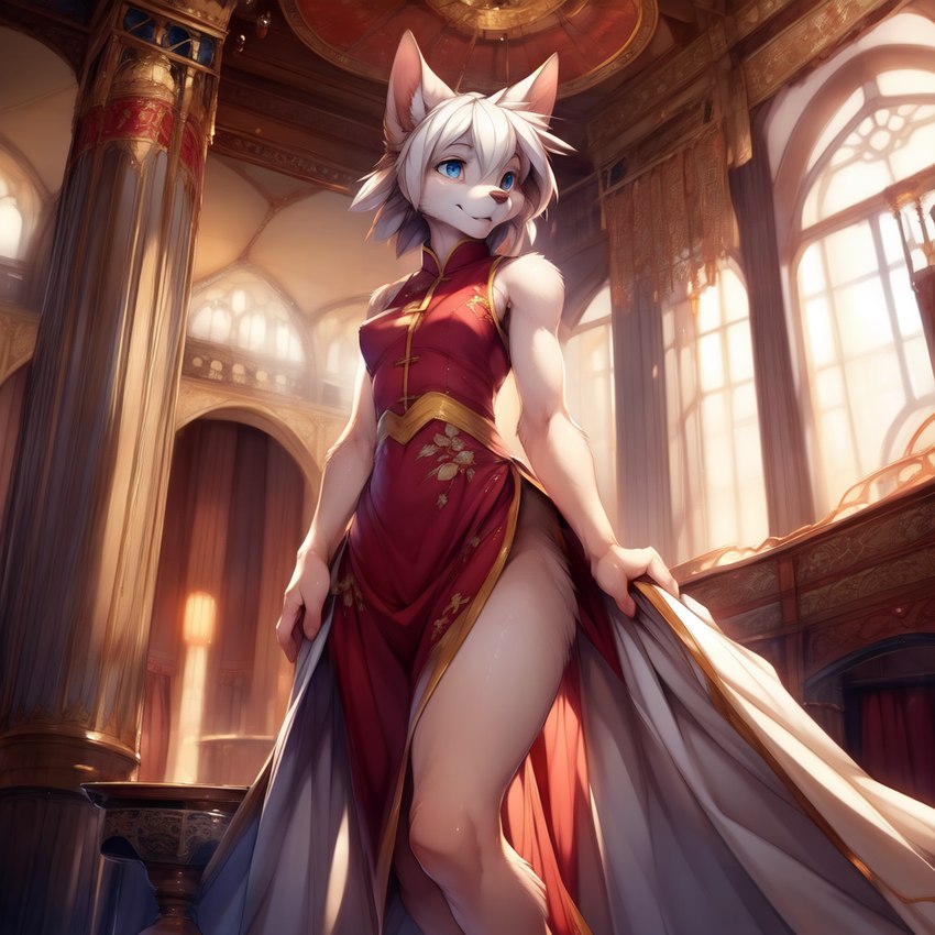 anthro asian_clothing ballroom bedroom_eyes blue_eyes breasts chinese_clothing chinese_dress clothing dress east_asian_clothing female fur furniture hair inside narrowed_eyes red_clothing red_dress seductive small_breasts smile solo standing white_body white_fur white_hair neutron_alchemist canid canine canis domestic_dog mammal