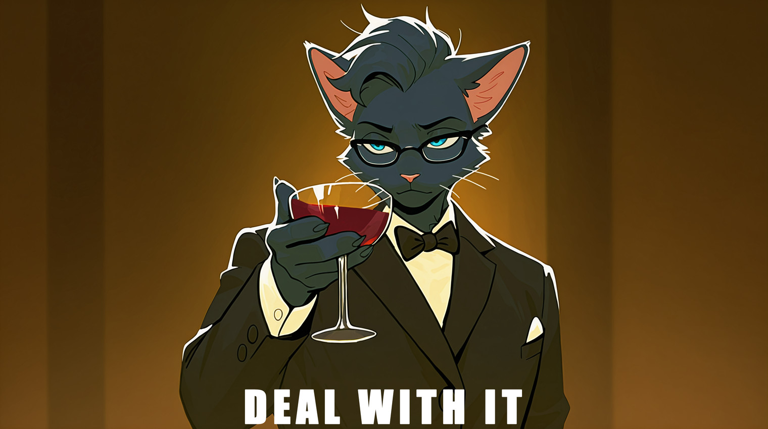alcohol anthro beverage big_ears black_tie_(suit) blue_body blue_eyes blue_fur bowtie claws clothing eyebrows eyewear fur furgonomic glass glasses hair holding_glass holding_object looking_at_viewer male simple_background snout solo suit text whiskers wine yiff_ai_(director) meme_2026 fan_character johnny_kat domestic_cat felid feline felis mammal absurd_res english_text hi_res meme