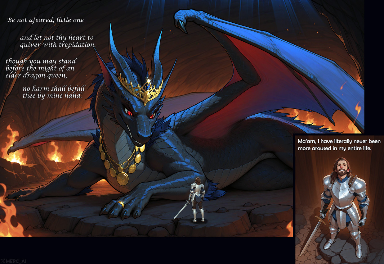 clothed clothing crown dialogue duo extreme_size_difference female feral fingers fire humor jewelry knight larger_female larger_feral lying lying_on_ground macro male male/female mature_female melee_weapon mostly_nude multicolored_body mythology necklace on_front red_eyes size_difference smaller_human smaller_male sword text warrior weapon mercrantos dragon human mammal mythological_creature mythological_scalie scalie winged_dragon english_text hi_res