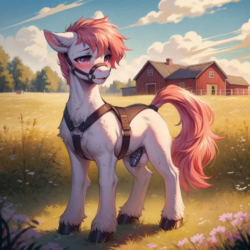 barn blush blushing_at_viewer bodily_fluids bridle chastity_cage chastity_device chest_tuft cloud dark_hooves detailed_background dripping ears_back farm feral field flower fluffy fur genital_fluids genitals grass hair halter harness hooves indigo_furry_mix_v120_hybrid indigofurrymix_(model) inner_ear_fluff leaking_precum looking_at_viewer male mane metal_chastity_cage mostly_nude open_mouth outdoor_nudity outdoors penis petplay pink_eyes pink_hair pink_mane pink_tail pivoted_ears plant ponyplay precum precum_drip precum_on_penis precum_string prompt quadruped raised_tail red_eyes red_hair red_mane red_tail roleplay rural sky solo solo_focus standing straps submissive submissive_male sweat sweaty tree tuft white_body white_fur mechanic_31 earth_pony equid equine horse mammal my_little_pony pony 1:1 colored colorful detailed full-length_portrait hi_res portrait prompt_metainfo shaded