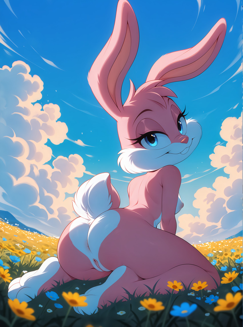 anthro blue_eyes blue_sky breasts buckteeth butt cheek_tuft cloud countershade_butt countershade_face countershade_feet countershading day facial_tuft feet female female_anthro flower flower_field genitals hair half-closed_eyes kneeling looking_at_viewer looking_back looking_back_at_viewer narrowed_eyes nipples nude nude_anthro nude_female outdoor_nudity outside pink_hair pink_inner_pussy pink_nipples pink_nose plant pussy raised_tail scut_tail short_tail side_boob sky small_breasts smile smiling_at_viewer solo tail teeth tuft white_cloud furrybomber tiny_toon_adventures warner_brothers babs_bunny lagomorph leporid mammal rabbit hi_res