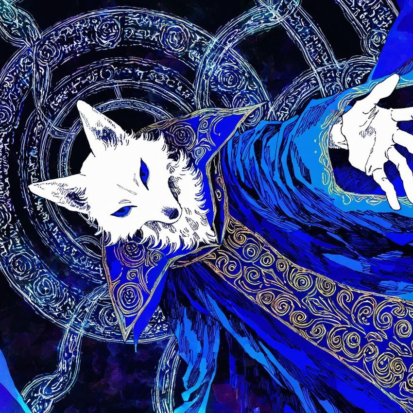 5_fingers abstract_background ambiguous_gender black_nose blue_eyes bright_colors clothed clothing fingers fur looking_at_viewer magic magic_circle magic_user male reaching_towards_viewer robe solo tuft white_body white_fur anonymous_director canid canine canis fox mammal wolf