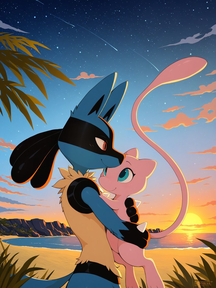 ambiguous_gender anthro beach blue_body blue_eyes cloud detailed_background duo dusk embrace fur grass hug long_tail looking_at_another meteor_shower pink_body plant red_eyes seaside side_view sky smile star starry_sky sunset yellow_body yellow_fur chilon249 generation_4_pokemon legendary_pokemon lucario mew pokemon_(species) hi_res