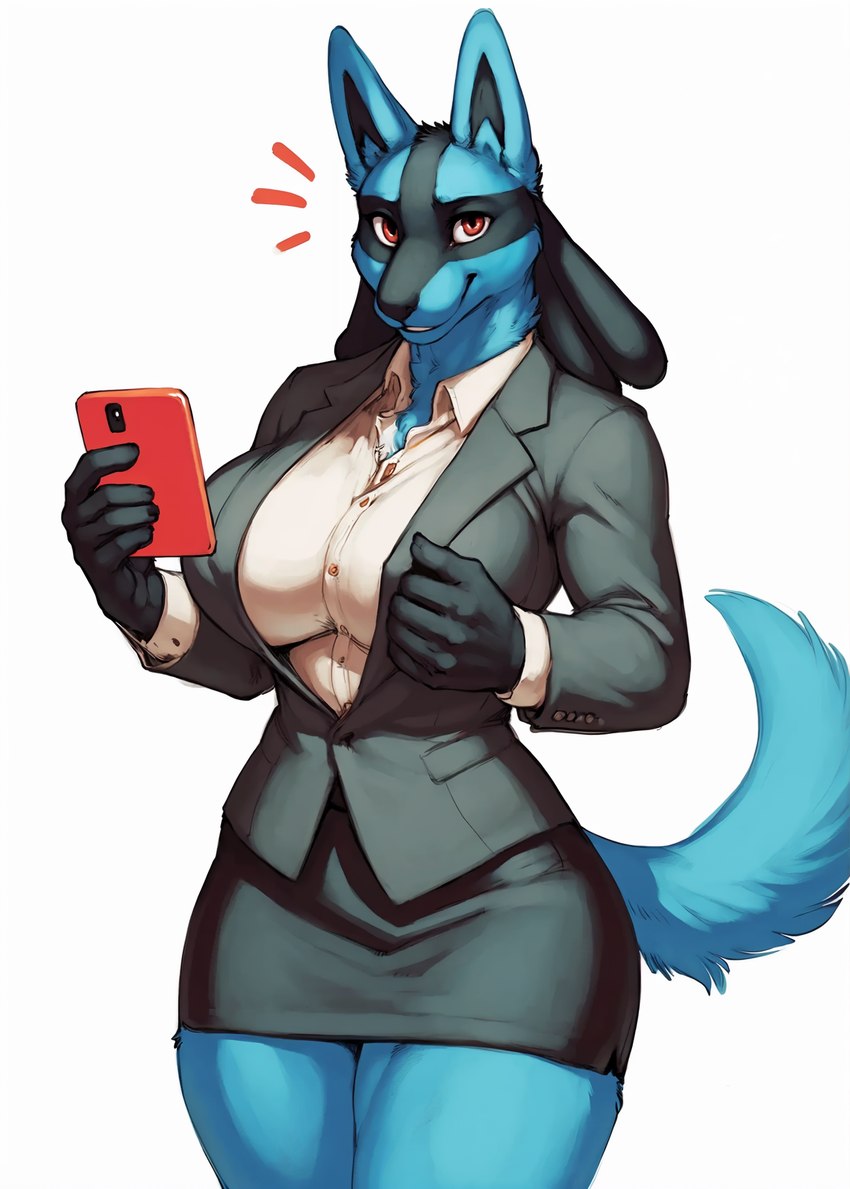 anthro big_breasts breasts female formal_clothing holding_object holding_phone looking_at_viewer office_clothing phone smile solo thick_thighs anonymous_director nintendo pokemon generation_4_pokemon lucario pokemon_(species) hi_res