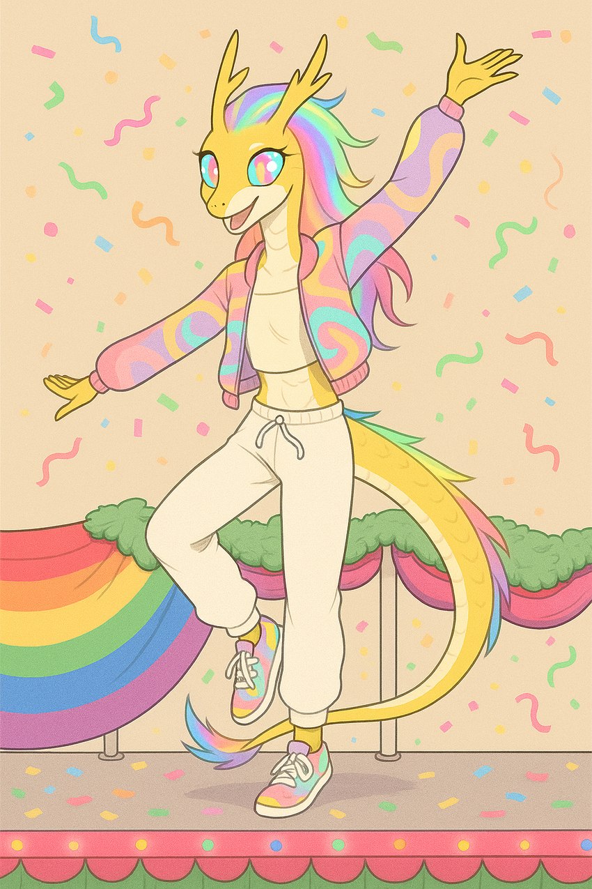 anthro clothing colorful_clothes confetti female flag footwear gold_scales hair jacket lgbt_pride multicolored_eyes multicolored_hair mythology parade rainbow_eyes rainbow_hair shoes solo sweatpants topwear tube_top director_veprem amaterasu_(veprem) dragon eastern_dragon mythological_creature mythological_scalie scalie hi_res