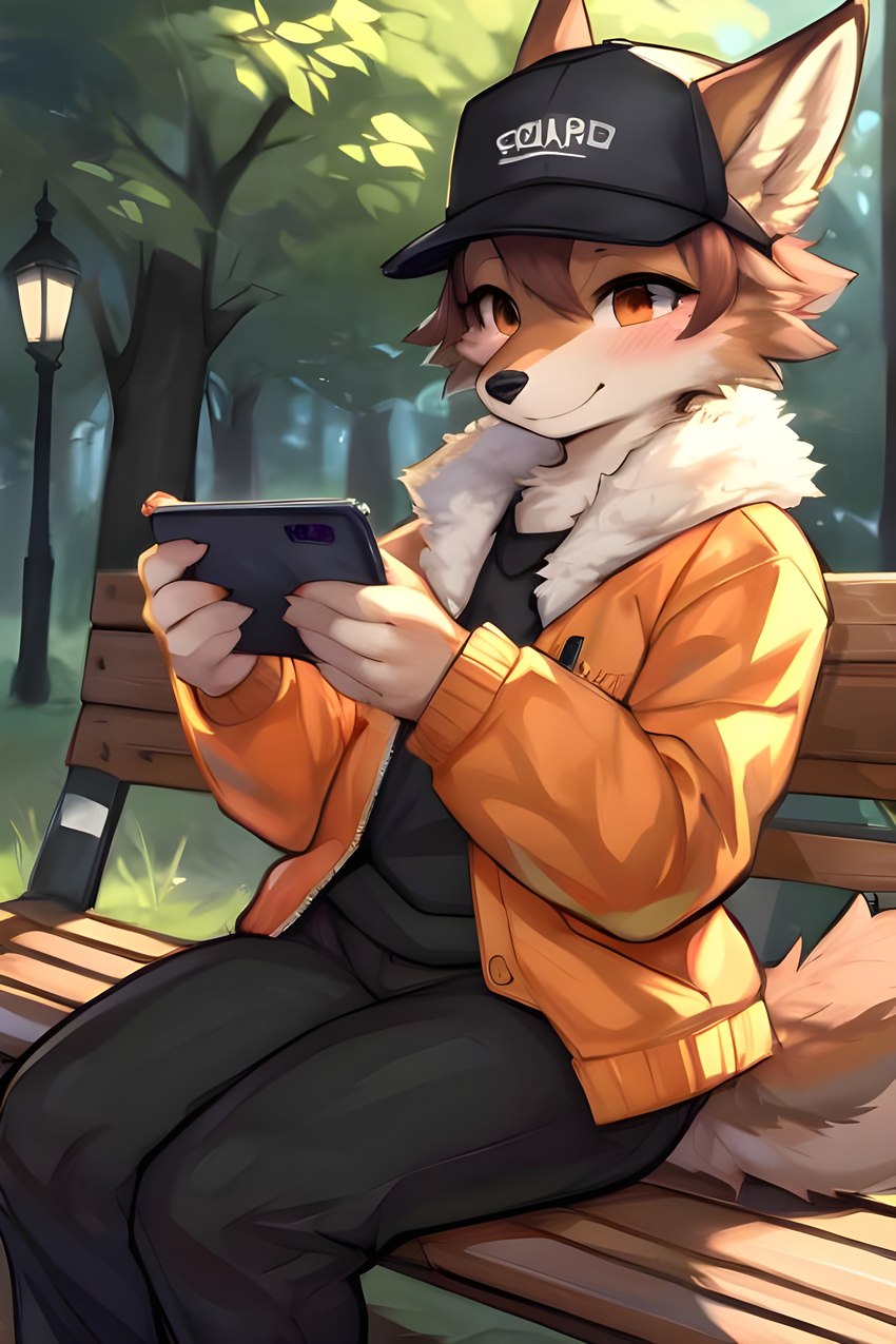 anthro black_clothing clothed clothing fur hair hat headgear headwear male nature orange_clothing orange_eyes phone shirt sitting smile solo solo_focus t-shirt topwear white_body white_fur nikfur canid canine fox mammal tail absurd_res hi_res