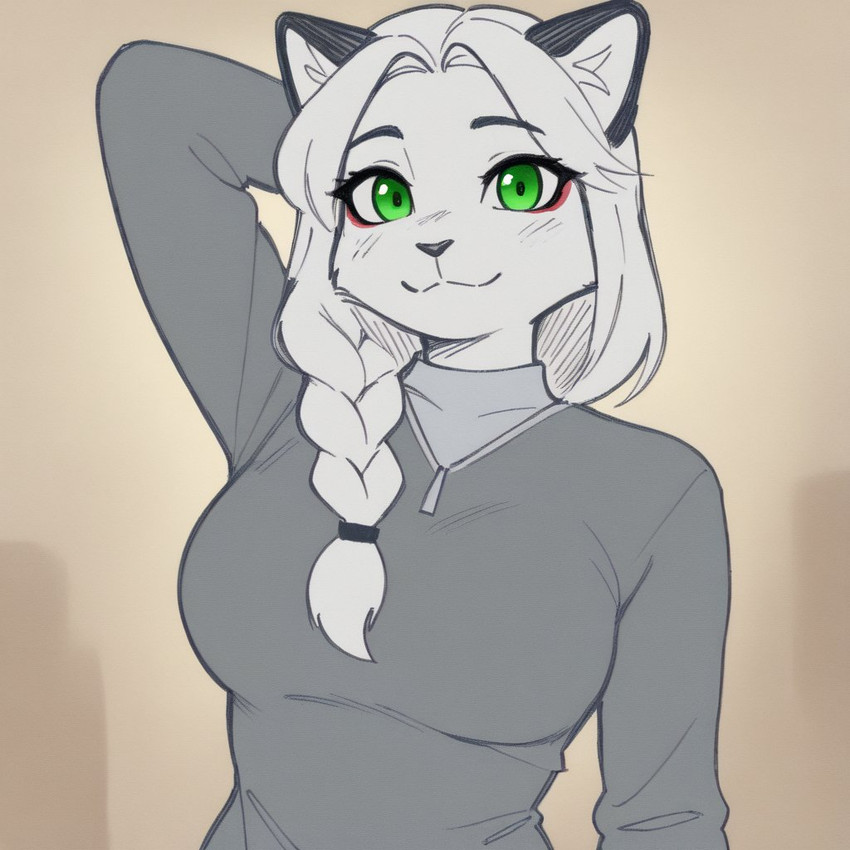 anthro blush braided_hair clothed clothing female front_view fur green_eyes hair inner_ear_fluff long_hair looking_at_viewer multicolored_body multicolored_fur simple_background smile solo topwear tuft two_tone_body two_tone_fur upper_body iacabria felid feline mammal monochrome portrait