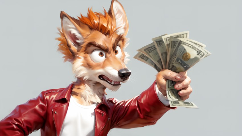 angry angry_eyebrows anthro clothed clothing facial_tuft fist fully_clothed hair holding_object inner_ear_fluff jacket male money open_clothing open_jacket open_mouth open_topwear orange_hair shirt simple_background solo solo_focus topwear tuft white_clothing white_shirt white_topwear canineluvr19 philip_j._fry canid canine canis coyote mammal hi_res meme