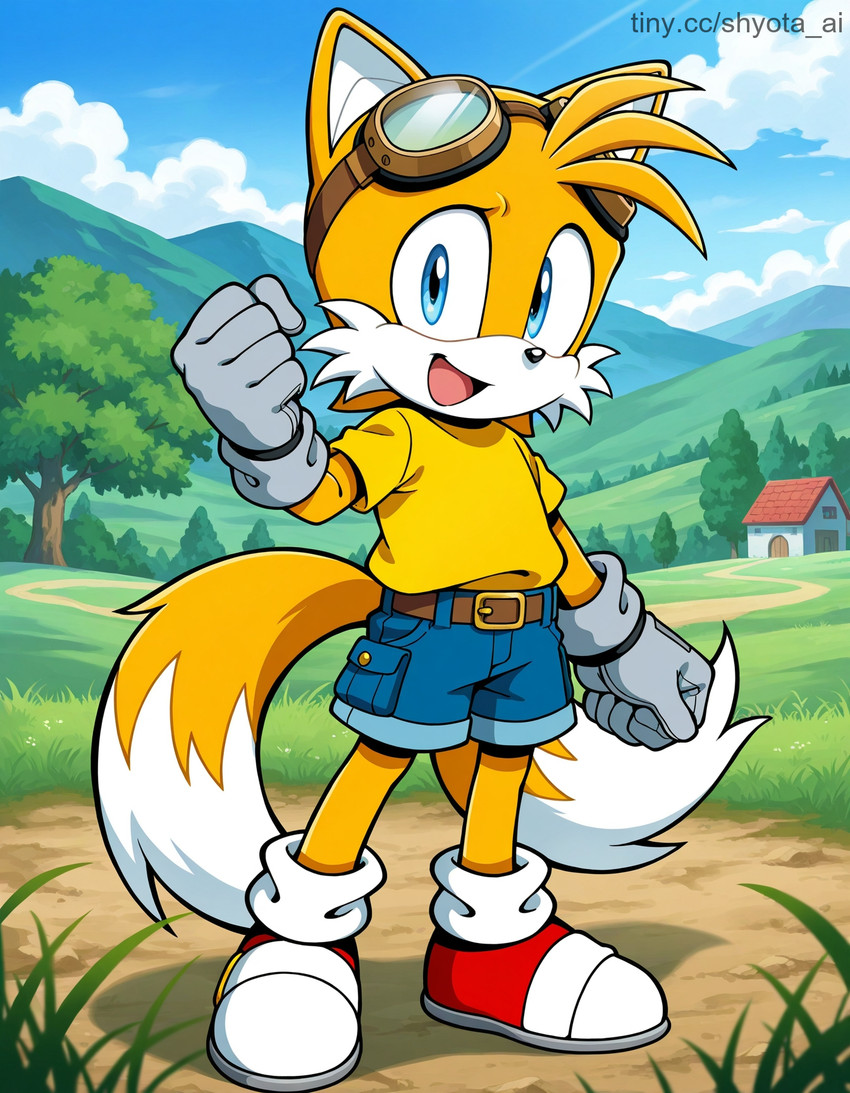 anthro bottomwear clothing eyewear eyewear_on_head footwear fur goggles goggles_on_head male plains shoes shorts solo white_body white_fur yellow_body yellow_clothing yellow_fur young young_anthro sega sonic_the_hedgehog_(series) miles_prower canid canine fox mammal hi_res