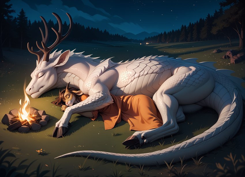 anthro antlers bedding blanket campfire cloven_hooves duo female feral hooves horn male male/female night outdoors outside peaceful sleeping smile spooning nonimousmate bovid caprine cervid dragon goat mammal hi_res