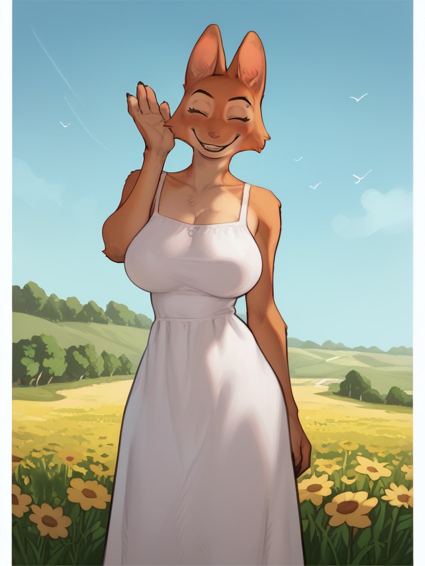 anthro big_breasts blush breasts cleavage clothed clothing day detailed_background dress eyebrow_piercing eyebrows eyes_closed facial_piercing female fingers flower flower_field fur gesture grass orange_body orange_fur outside piercing pink_nose plant sky smile solo standing sundress sunflower teeth tree tuft waving white_clothing white_dress anonymous_director diane_foxington canid canine fox mammal hi_res