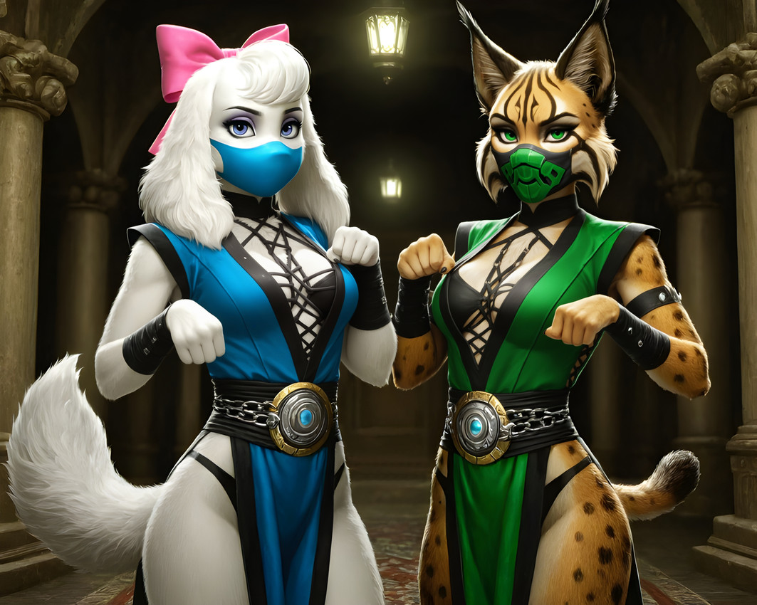 5_fingers accessory belt black_clothing black_nose blue_eyes bow_(feature) bow_accessory bow_ribbon breasts brown_body brown_fur cleavage clothed clothing cosplay crossover crossover_cosplay dress duo ear_tuft eyebrows eyelashes female fingers fist fur green_eyes hair hair_accessory hair_bow hair_ribbon inner_ear_fluff inside jewelry lamp lantern looking_at_viewer makeup markings mask medium_breasts multicolored_body multicolored_fur pelvic_curtain pink_nose pose ribbons smile spots spotted_body spotted_fur standing tail tail_markings tuft underwear white_body white_fur white_hair yellow_body unknown_director nintendo star_fox fay_(star_fox) miyu_(star_fox) canid canine canis domestic_dog felid feline lynx mammal absurd_res hi_res