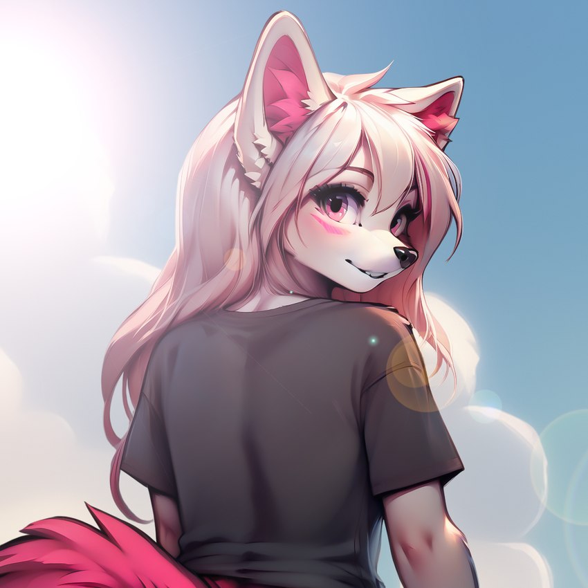 anthro cloud female fluffy hair looking_at_viewer looking_back looking_back_at_viewer pink_body pink_ears pink_eyes pink_tail sky sky_background slim smile solo standing teeth white_body white_hair greenlightai yoki_j_(yj) canid canine fox mammal