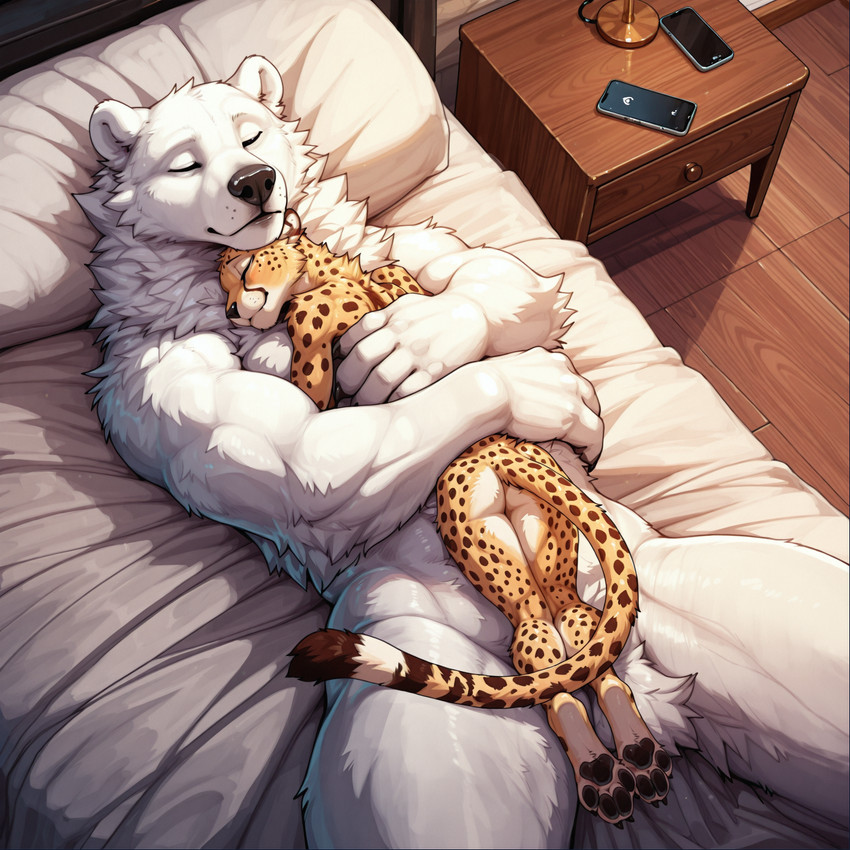 ambiguous_gender anthro athletic bed bedroom cellphone cozy cuddling duo embrace eyes_closed furniture happy hug lying lying_on_bed muscular neck_tuft on_bed on_top phone size_difference sleeping slim smartphone smile table tuft cole cheetah felid feline mammal polar_bear ursid ursine hi_res