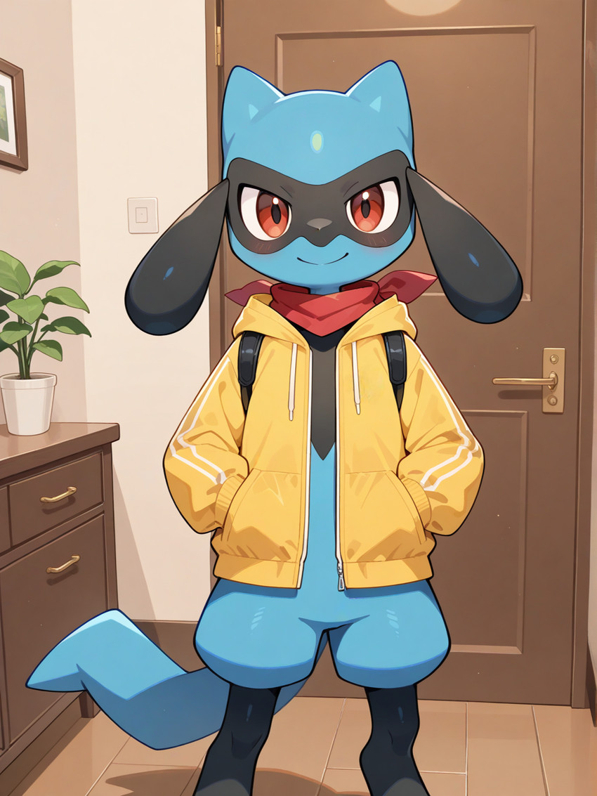 anthro bandanna black_body black_fur blue_body blue_fur blush clothing fur hand_in_pocket inside kerchief looking_at_viewer male plant plant_pot pockets potted_plant solo sweater topwear young nintendo pokemon generation_4_pokemon pokemon_(species) riolu hi_res