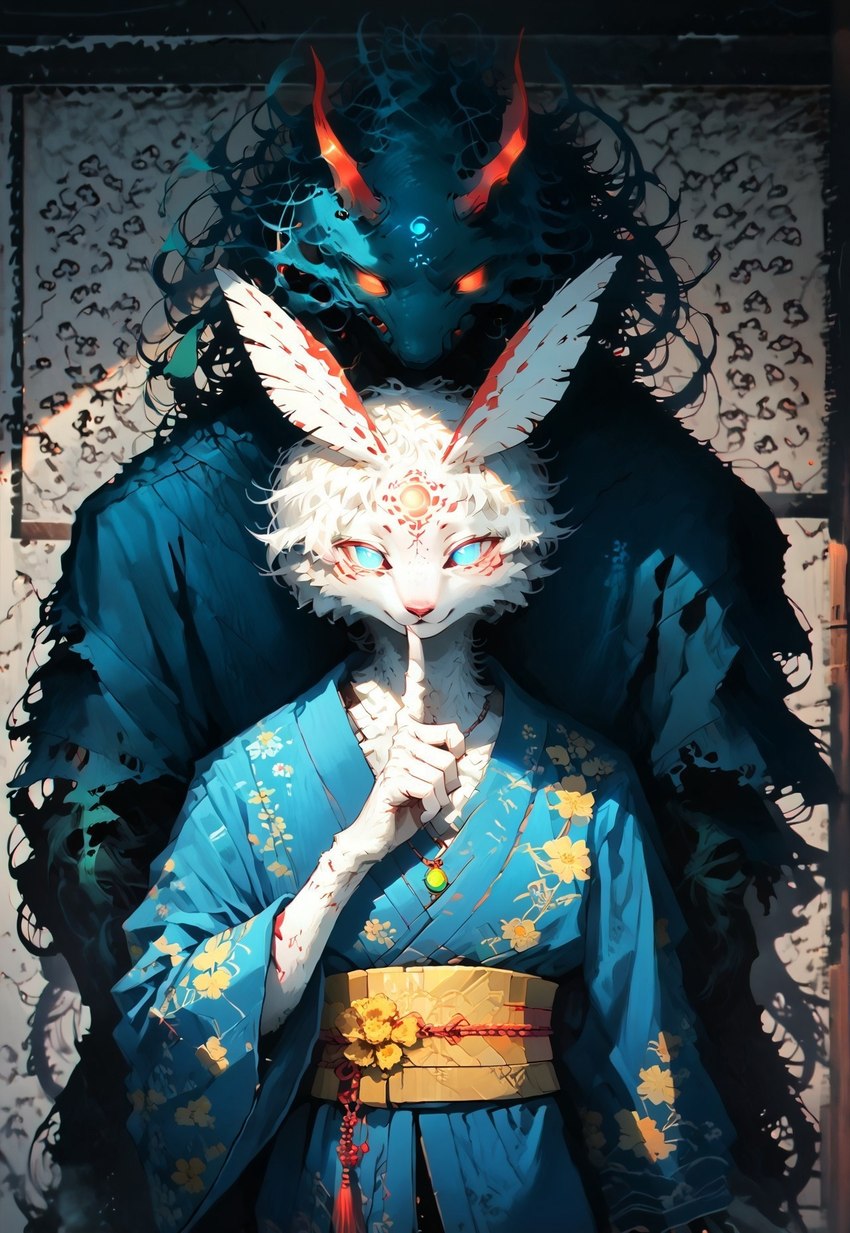 2024 age_difference antennae_(anatomy) anthro asian_clothing blue_eyes clothing day detailed_background duo east_asian_clothing facial_marking facial_markings fantasy finger_to_mouth floral_print fog forehead_mark fur gesture glowing glowing_eyes hair head_markings horn horror_(theme) inside japanese_architecture japanese_clothing jewelry kimono long_sleeves looking_at_viewer male male/male markings necklace obi pony_diffusion_(model) print_clothing raised_finger raised_index_finger sash short_hair shush skinny slim smile standing tattoo upper_body white_body white_fur white_hair young younger_male aizu1077 fan_character animal_humanoid arthropod arthropod_humanoid demon demon_humanoid humanoid insect insect_humanoid lepidopteran moth colored colorful digital_drawing_(artwork) digital_media_(artwork) hi_res portrait