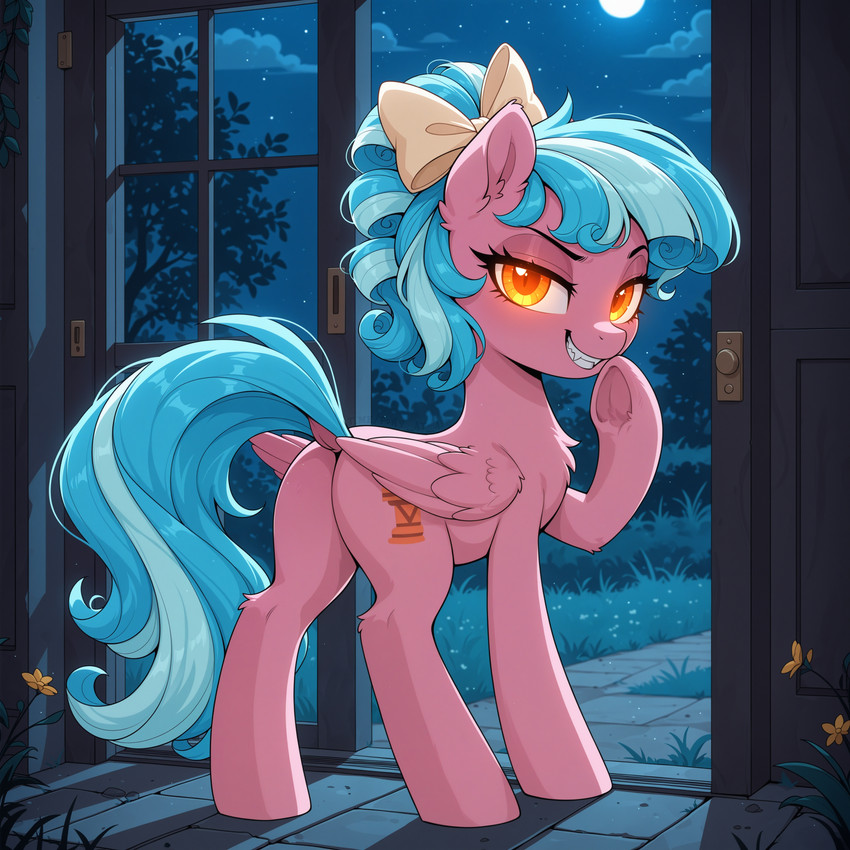 bow_ribbon cutie_mark evil_grin eyelashes female feral fluffy fur glowing glowing_eyes hooves inner_ear_fluff mane moon night pink_body pink_fur plant rear_view smile smiling_at_viewer solo tail tree tuft underhoof wings yellow_eyes yiffymix_v61_(model) daren666 friendship_is_magic my_little_pony cozy_glow_(mlp) equid equine mammal pegasus absurd_res hi_res stable_diffusion
