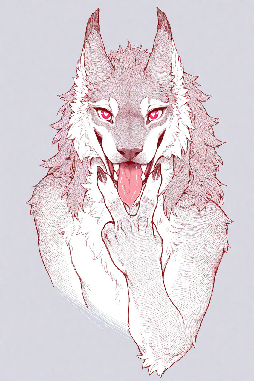 4_fingers <3 <3_eyes ambiguous_gender anthro arm_tuft bodily_fluids canine_teeth cheek_tuft chest_tuft clawed_hands cunnilingus_gesture ear_tuft facial_tuft fingers front_view fur gesture looking_at_viewer multicolored_body multicolored_fur neck_tuft saliva saliva_string solo suggestive suggestive_gesture tongue tongue_out tuft white_body white_fur knotanotherfurry felid mammal tetton 2025 hi_res restricted_palette