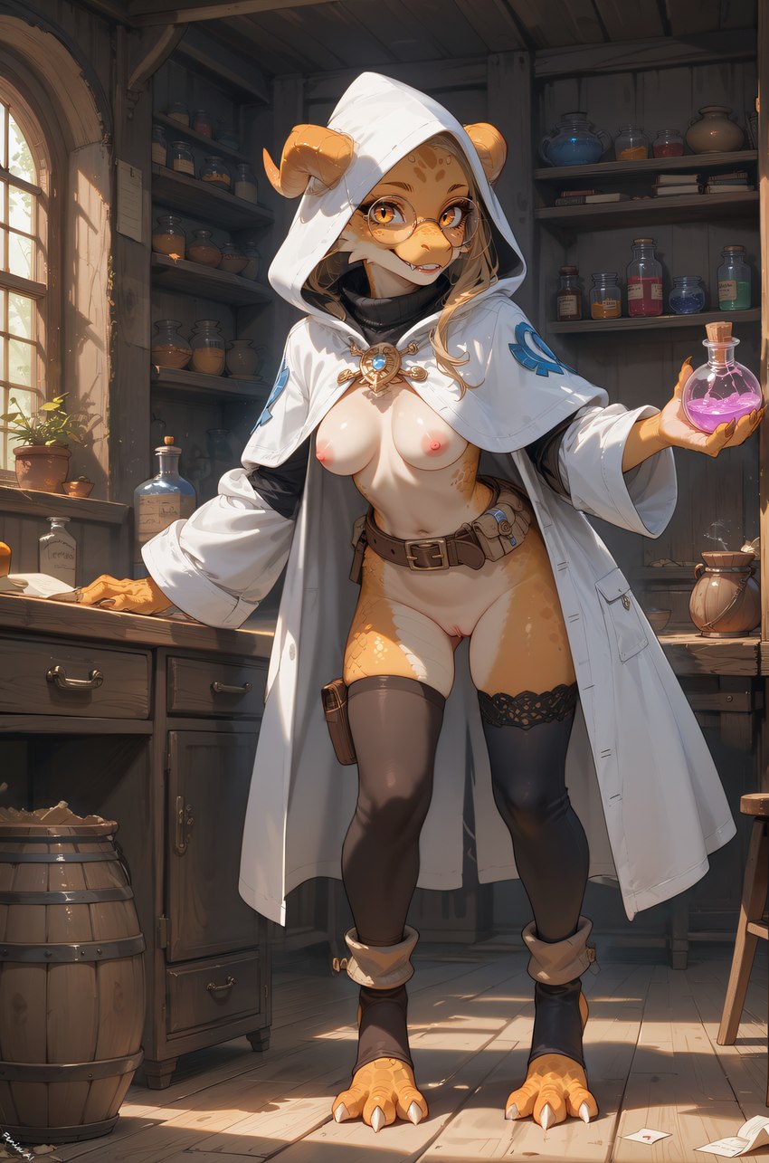 anthro barrel belt blonde_hair book breasts capelet claws clothed clothing coat counter countershading drawers eyewear female furniture genitals glasses hair holding_object hood horn inside jar legging looking_at_viewer medium_breasts navel nipples open_clothing paper plant plant_pot potion potion_bottle potted_plant pupils pussy robe scales shelf slit_pupils smile solo stirrup_stockings stool toe_claws topwear wall_(structure) window wood_floor wood_wall yellow_body yellow_eyes yellow_scales fenix_ai kobold hi_res