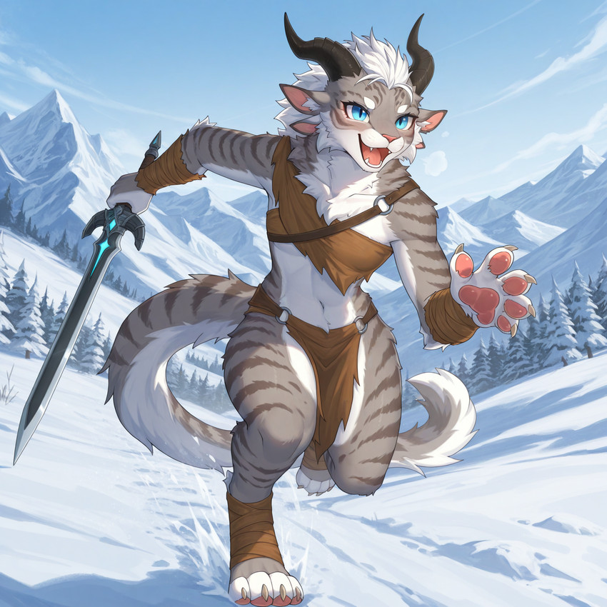 4_toes 5_fingers anthro blue_eyes bottomwear clothing detailed_background feet female fingers fluffy fluffy_tail front_view fur grey_body grey_fur horn loincloth melee_weapon mountain multi_ear multicolored_body multicolored_fur pupils running slit_pupils snow snow_on_branches snow_on_ground snow_on_mountains solo striped_body striped_fur stripes sword toes weapon milkcharr guild_wars charr felid mammal hi_res