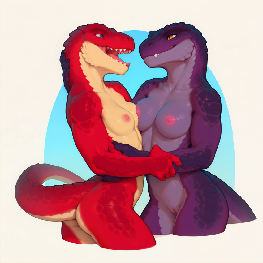5_fingers anthro anthro_on_anthro blue_background blue_eyes breast_size_difference breast_squish breasts duo embrace enjoying female fingers genitals hand_on_anothers_head holding_partner hug looking_at_another looking_at_breasts looking_at_partner mouth_closed nipples nude open_mouth orange_eyes pink_nipples purple_body purple_scales pussy red_body red_scales scales simple_background squish standing tan_body tan_scales three-quarter_view touching_partner white_background adragocult dinosaur reptile scalie theropod tyrannosaurid tyrannosaurus tyrannosaurus_rex absurd_res hi_res