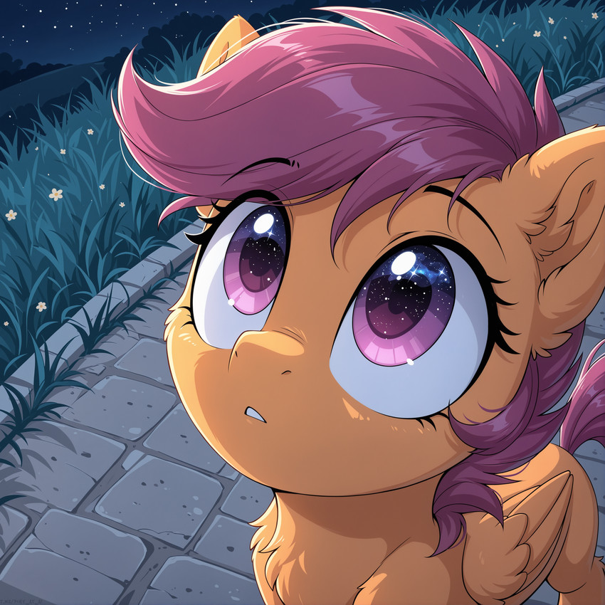 cub eyelashes female feral flower fluffy fur galaxy_eyes grass looking_up mane night orange_body orange_fur outside plant purple_eyes sky solo star tail wide_eyed wings yiffmix_v61_(model) young daren666 friendship_is_magic my_little_pony scootaloo_(mlp) equid equine mammal pegasus absurd_res hi_res stable_diffusion