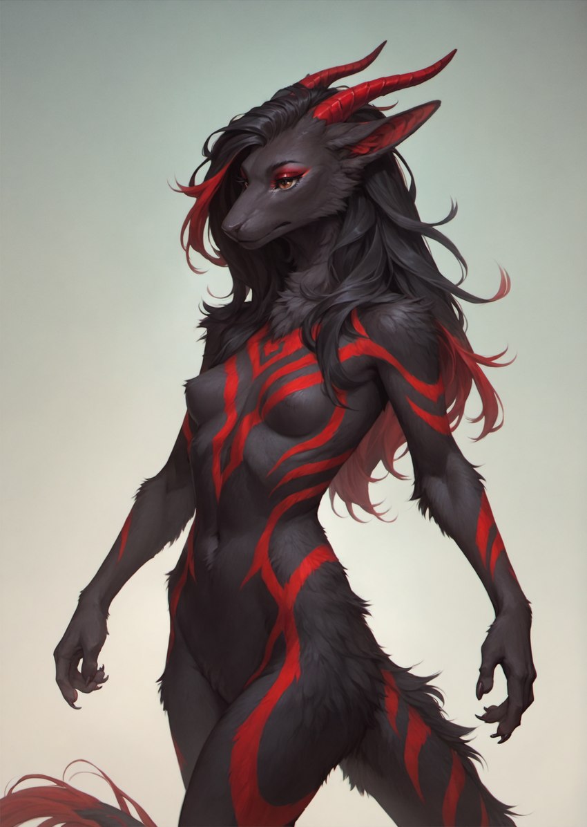 anthro black_body black_fur black_hair breasts brown_eyes claws eyeshadow female fur hair horn looking_at_viewer looking_away makeup markings multicolored_hair navel nude red_eyeshadow red_hair red_horn red_markings small_breasts solo two_tone_hair account_880 canid dragon hybrid mammal unknown_species hi_res