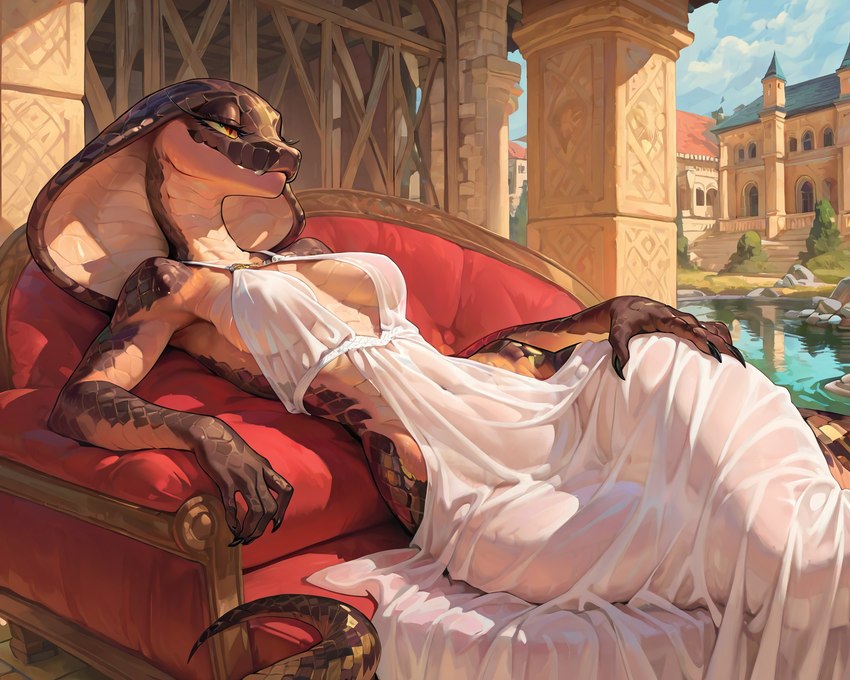 anthro apode bedroom_eyes big_breasts breasts clothing detailed_background female furniture legless lying_on_sofa narrowed_eyes on_sofa scales seductive serpentine sofa solo translucent translucent_clothing cobra draconcopode naga reptile scalie snake hi_res