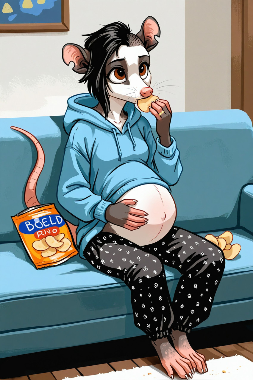 4_toes 5_fingers barefoot belly big_belly black_hair blue_clothing blue_hoodie blue_topwear bottomwear breasts brown_eyes chips_(food) claws clothed clothing detailed_background drawstring eating eating_food feet female fingers food fur furniture grey_body grey_fur hair hand_on_stomach holding_object holding_pregnant_belly hoodie inside midriff multicolored_body multicolored_fur navel notched_ear on_sofa outie_navel pajamas pants pink_nose pregnant pregnant_anthro pregnant_female punk_girl punk_hair sitting sleepwear sofa solo sweatpants tail text toe_claws toes topwear two_tone_body two_tone_fur whiskers white_body white_fur anonymous_director alice_(a.d.) american_opossum didelphid mammal marsupial virginia_opossum english_text hi_res shaded