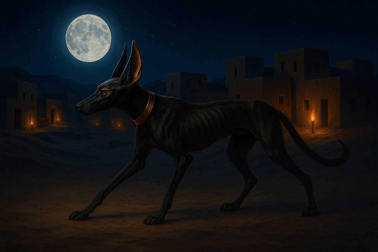 4_toes amber_eyes ambiguous_gender big_ears black_body black_fur city city_background collar collar_only cosmic_background darkness desert detailed_background egypt egyptian_mythology feet feral fire fur hut light moon moonlight night nude sand side_view sky slim solo star starry_background starry_sky toes torch village whiskers whatshisnuts anubis canid canine canis deity jackal mammal