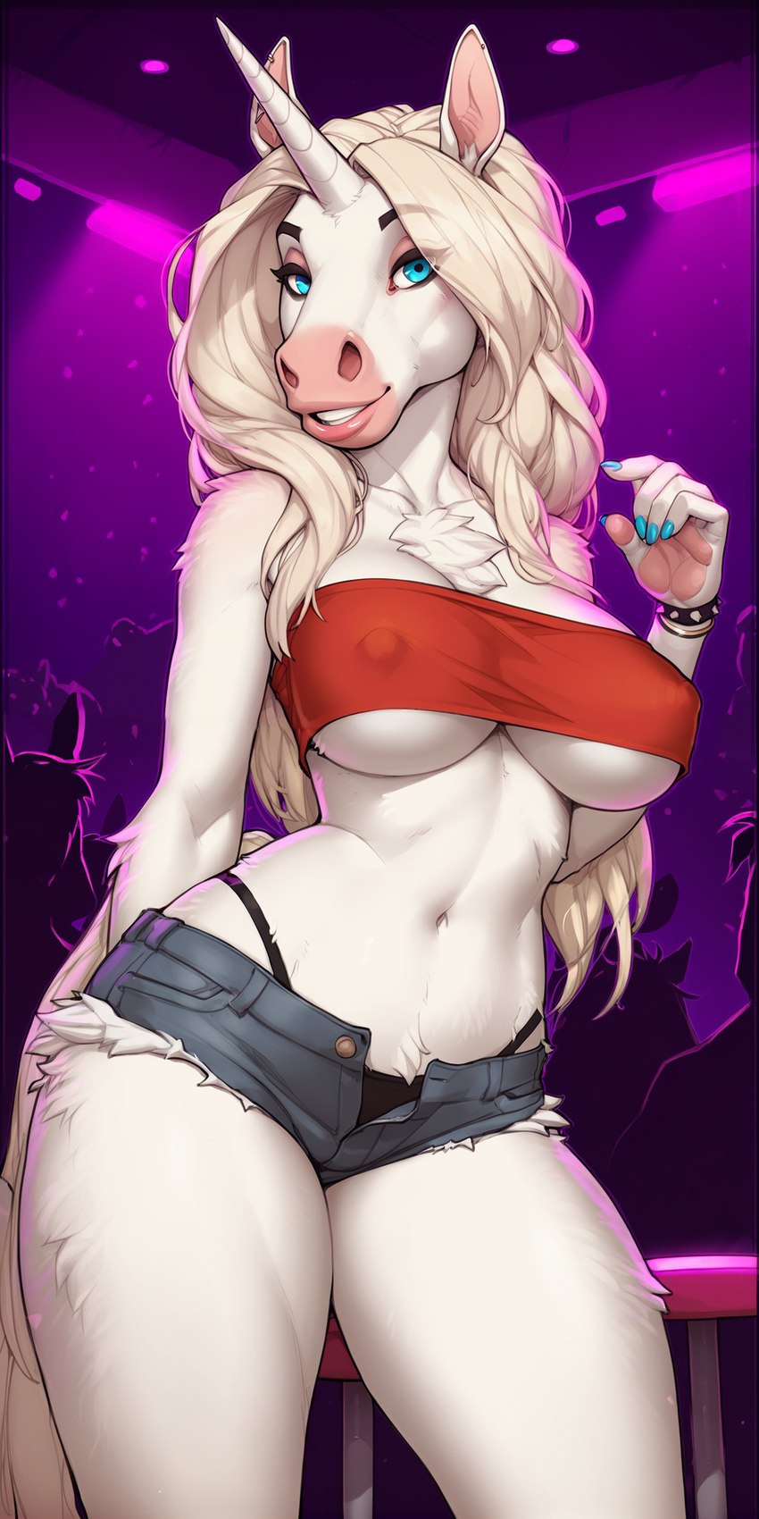 anthro big_breasts blonde_hair blue_eyes bottomwear breasts chest_tuft clothing colored_nails crotch_tuft cutoffs dancing denim denim_clothing female fur hair horn looking_at_viewer nails navel nightclub nipple_outline pink_nose shorts solo standing thong thong_straps three-quarter_view topwear tube_top tuft under_boob underwear unicorn_horn white_body white_fur langri mirage_(langri) equid equine mammal unicorn hi_res