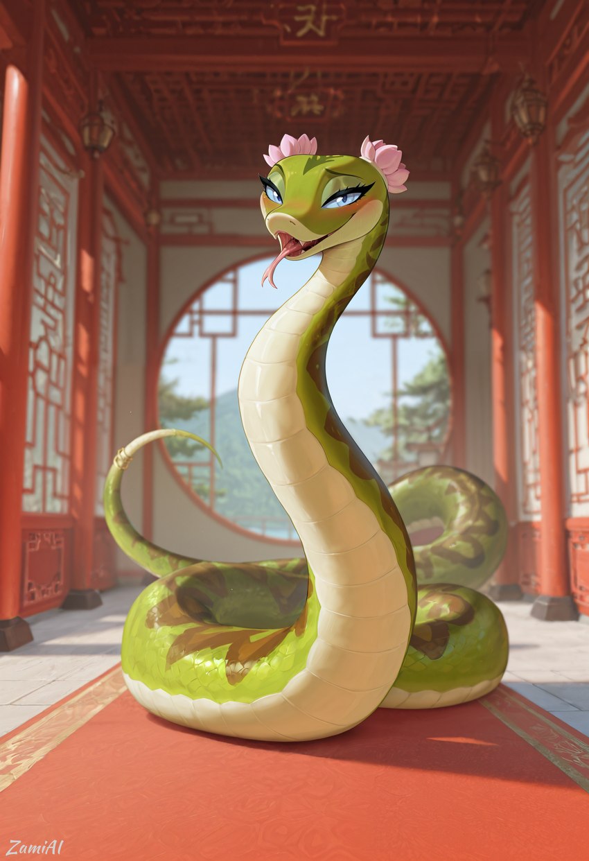 accessory blush carpet female feral forked_tongue furgonomics green_body jewelry looking_at_viewer narrowed_eyes open_mouth smile solo tail_accessory tail_jewelry temple tongue tongue_out zamiai dreamworks kung_fu_panda master_viper reptile scalie snake absurd_res hi_res