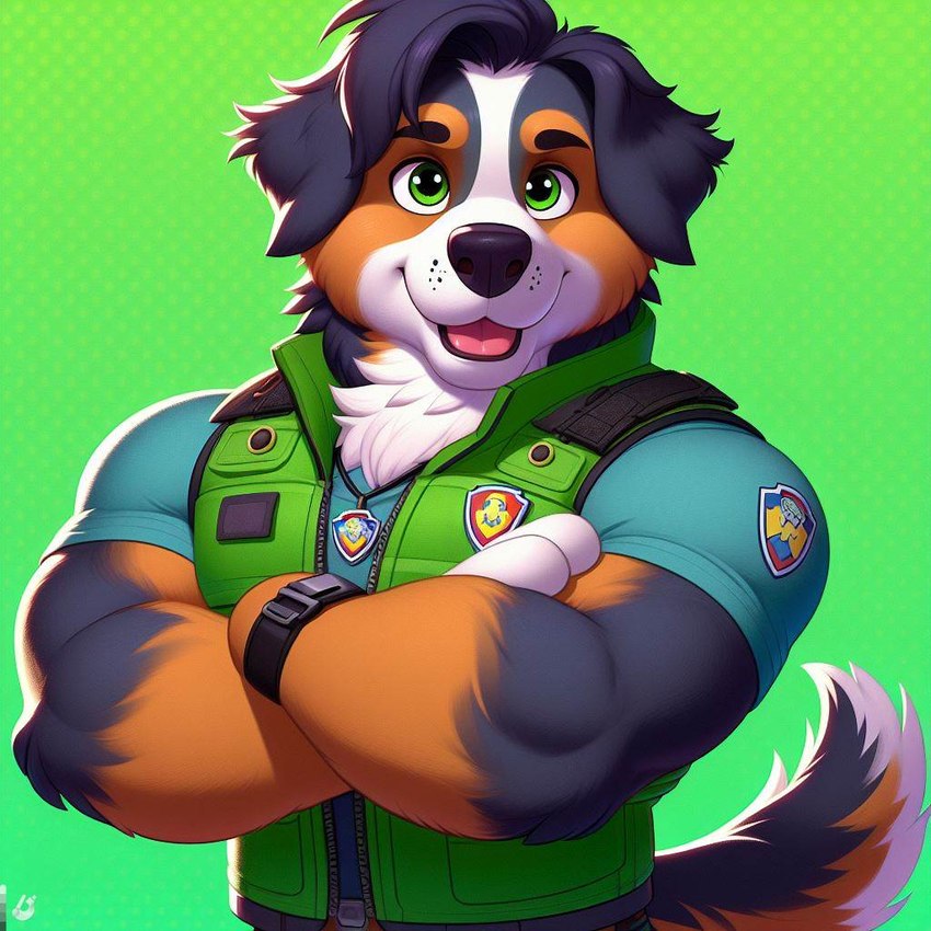 anthro badge bing_image_creator body_hair chest_hair chest_tuft clothing crossed_arms dog_tail fur looking_at_viewer male muscular muscular_male open_mouth paw_patrol solo tongue topwear tuft vest iliekfire4831 rex_(paw_patrol) bernese_mountain_dog canid canine canis domestic_dog hybrid mammal molosser mountain_dog swiss_mountain_dog