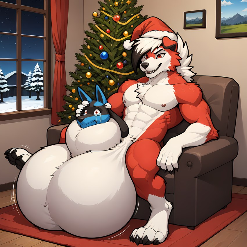 animal_genitalia anthro balls big_balls christmas_clothing christmas_headwear clothing duo genitals hat headgear headwear huge_balls hyper hyper_balls hyper_genitalia male santa_hat sheath sheath_vore sitting vore thedavid hi_res