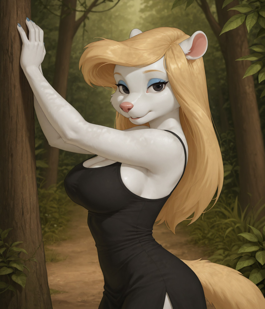 anthro black_clothing black_dress black_eyes blonde_hair breasts clothed clothing dress eyeshadow female female_anthro forest fur hair looking_at_viewer makeup nature nature_background plant solo tree white_body white_fur lewdtf minerva_mink mammal mustelid musteline true_musteline 2025 4k digital_drawing_(artwork) digital_media_(artwork) hi_res stable_diffusion