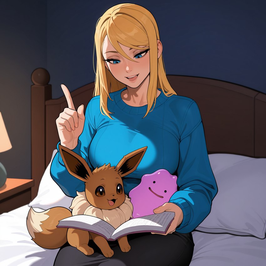 5_fingers ambiguous_gender bed bedroom blonde_hair book breasts clothing crossover detailed_background ditto_(disambiguation) dress female feral fingers footwear fur furniture group hair high_heels lamp light_body light_skin long_hair open_mouth open_smile pillow smile sweater topwear anonymous_director metroid nintendo pokemon samus_aran eevee generation_1_pokemon goo_creature human mammal pokemon_(species) hi_res