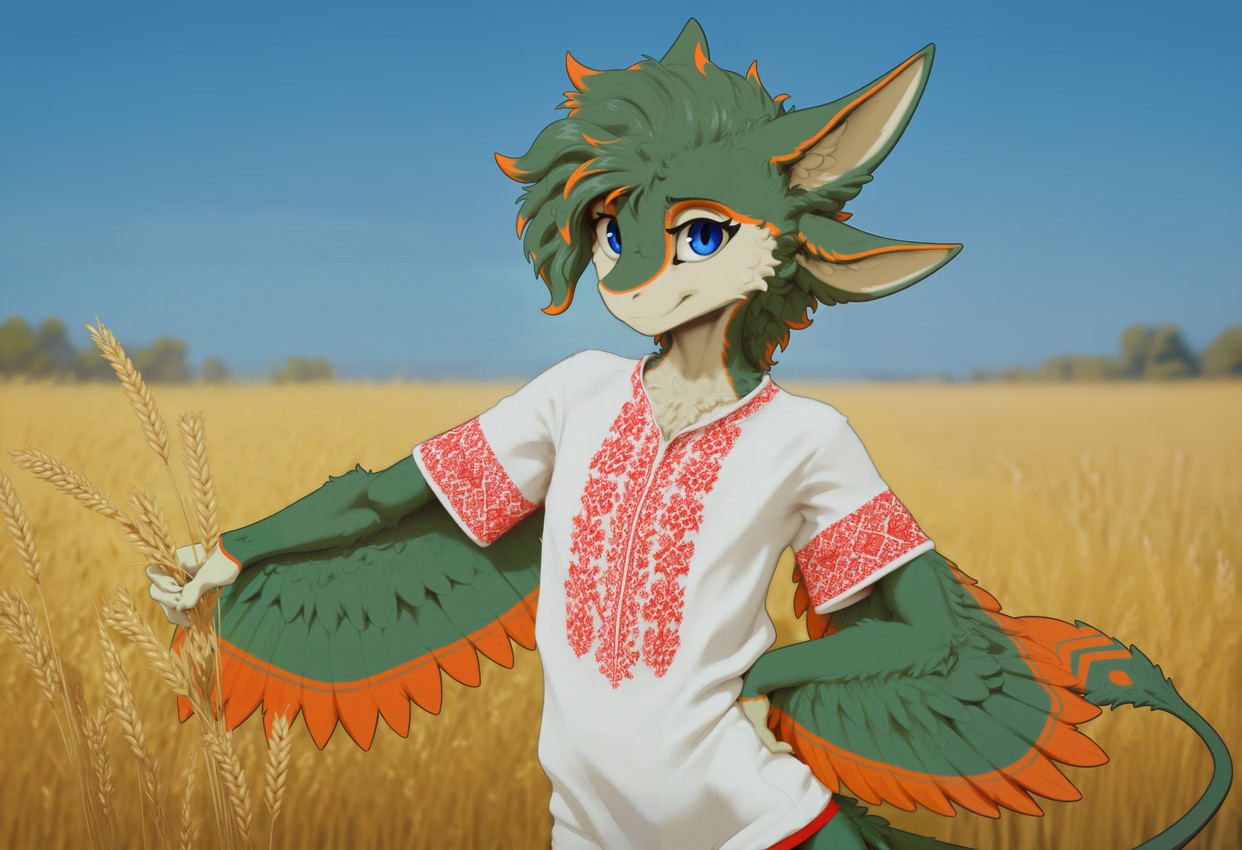4_ears action_pose anthro blue_eyes blue_sky clothing feather_hair feathers field green_body hair looking_at_viewer male markings messy_hair mohawk multi_ear orange_markings pattern_clothing pose pseudo_hair shirt sky slim solo topwear ukraine wheat wheat_field white_body white_clothing white_shirt white_topwear winged_arms wings zarey emerald267 avali hi_res