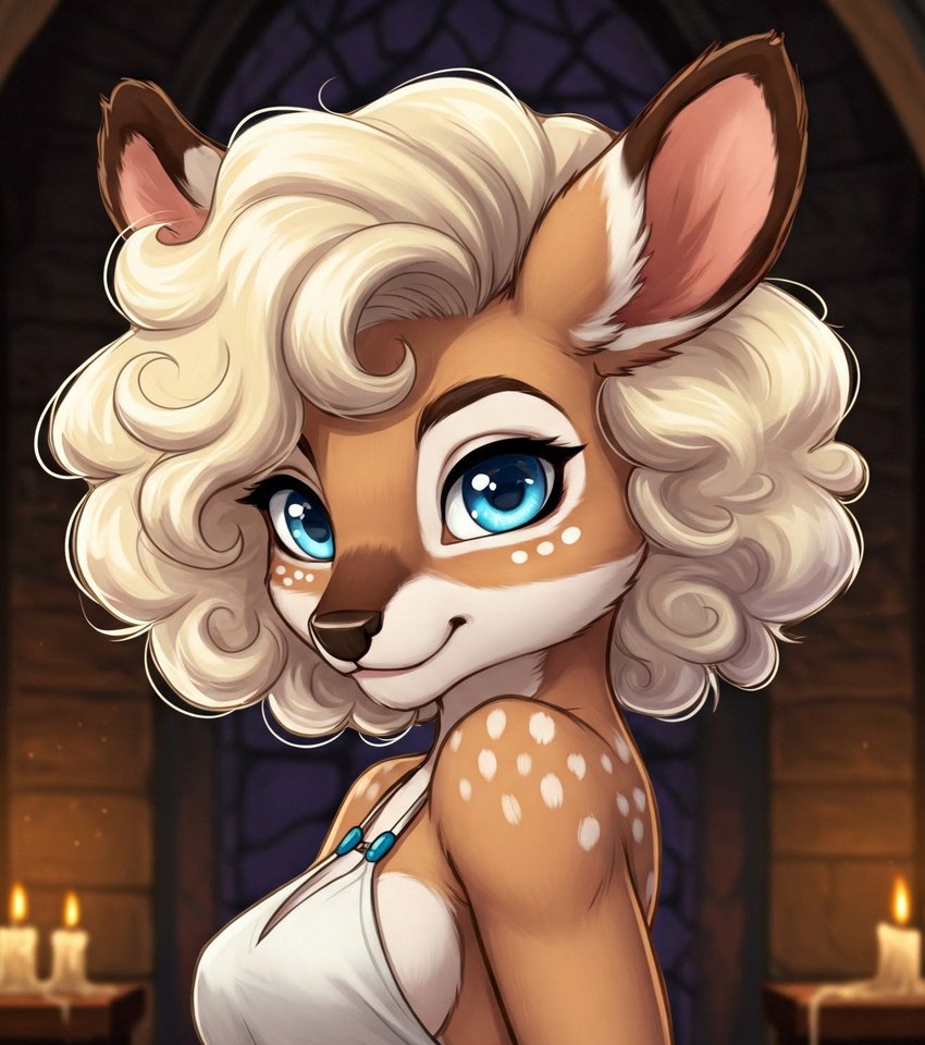 anthro blonde_hair blue_eyes candle clothed clothing curled_hair female hair looking_at_viewer smile smiling_at_viewer solo temple director_veprem myrtle_(veprem) capreoline cervid mammal white-tailed_deer headshot_portrait hi_res portrait
