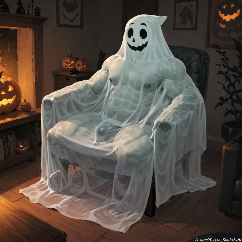 bulge chair fabric food fruit furniture halloween living_room male muscular muscular_arms muscular_male muscular_thighs nipples plant pumpkin solo mugen_kuuhakuai ghost human mammal spirit hi_res watermark