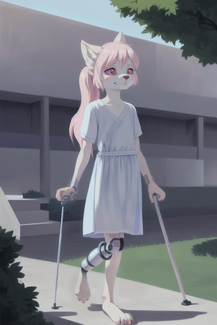 albino anthro barefoot blind building clothed clothing crutch day detailed_background feet female forearm_crutches grass hair hospital_gown inner_ear_fluff leaf light long_hair medical_instrument outside pink_eyes pink_hair pink_nose plant ponytail prosthetic prosthetic_leg prosthetic_limb scientific_instrument short_sleeves sidewalk sky smile solo stairs sunlight topwear tree tuft white_body fuzzy_logic fuscia felid feline mammal hi_res