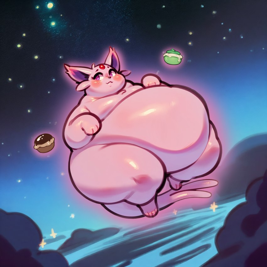 ambiguous_gender aura belly big_belly blush chubby_cheeks dessert easyfluffv11.2_(model) eyebrows floating food fur holding_food holding_object hyper hyper_belly levitation male_(lore) nude obese outside overweight paw_pose pink_body pink_fur pose prompt prompt_at_source purple_eyes raised_eyebrows semi-anthro solo telekinesis thick_thighs wide_hips icyibis eeveelution espeon generation_2_pokemon pokemon_(species) full-length_portrait hi_res portrait