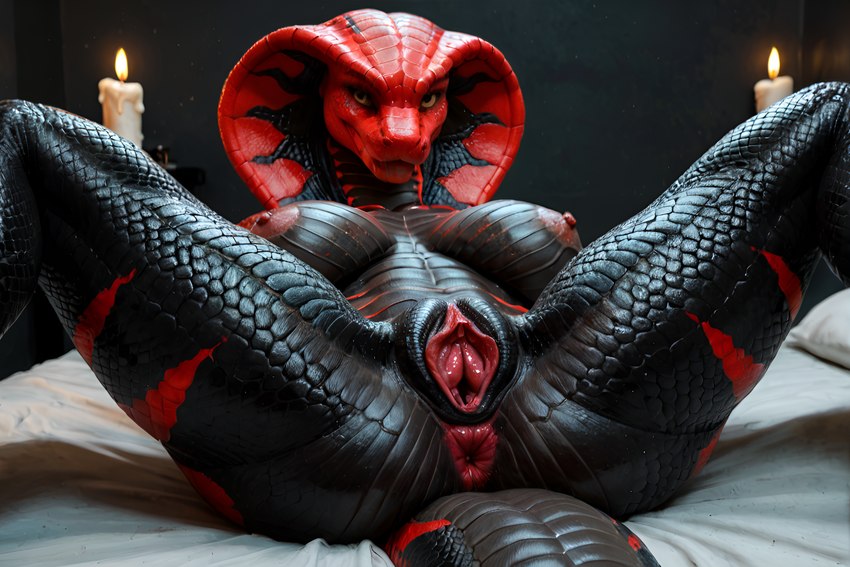 big_breasts black_body black_scales breasts countershading female gaping gaping_pussy genitals lying on_back presenting presenting_pussy pussy red_body red_scales scales snake_hood solo niru reptile scalie snake hi_res